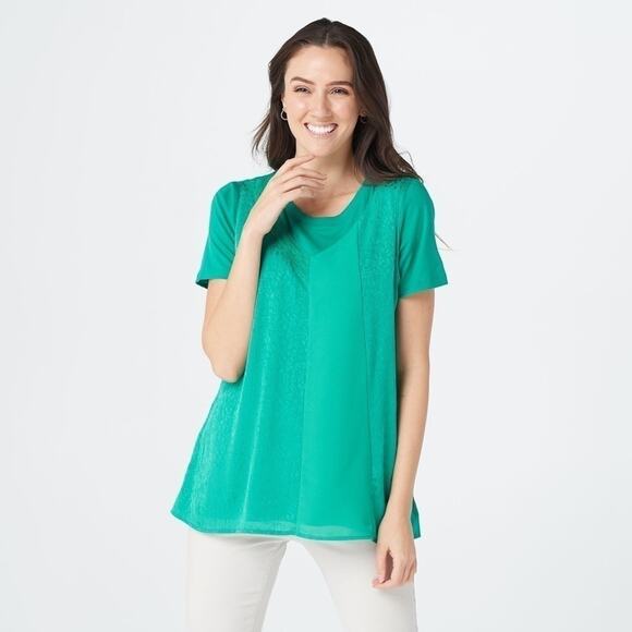 LOGO LORI GOLDSTEIN | Teal Mixed Fabric Short Sleeve Top | Medium - Picture 2 of 7